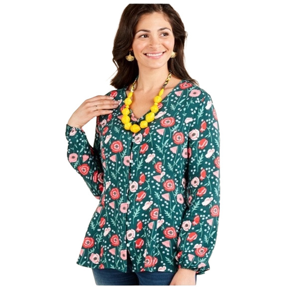 Matilda Jane Medium Top Yesteryear Blouse Green Pink V Neck Button Down 1429 - Picture 1 of 9